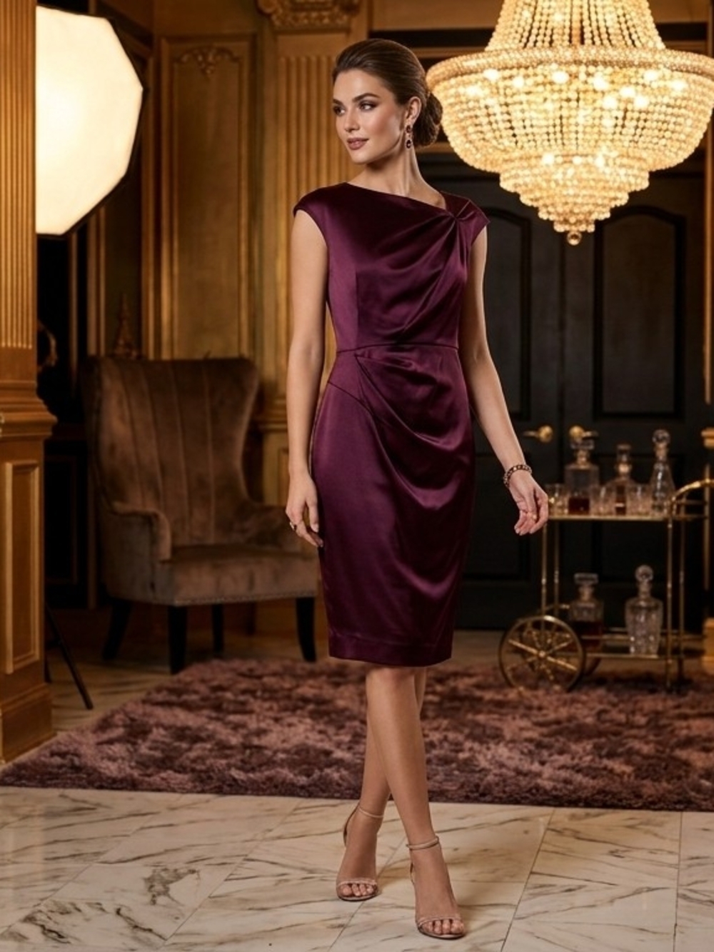 🎀le chateau Sleeveless Satin Midi Dress in Burgundy